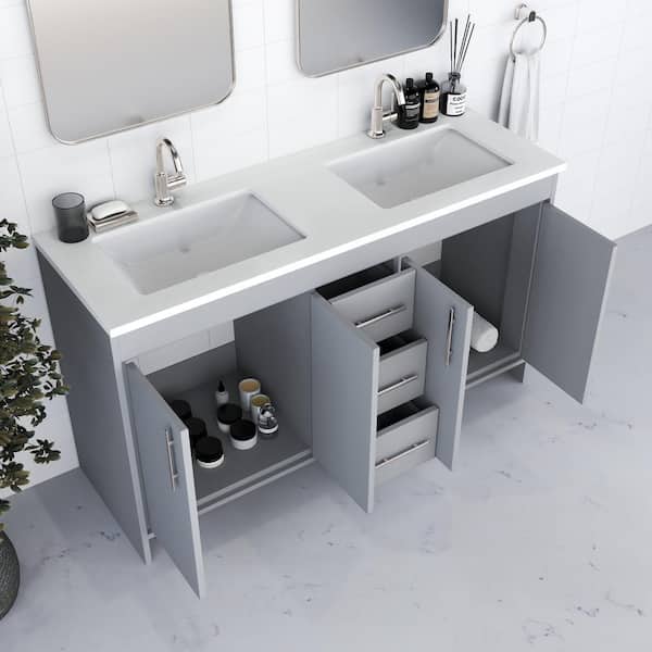 Capri 60 in. W x 22 in. D Bathroom Vanity in Gray with Microstone Vanity Top in White with White Basins