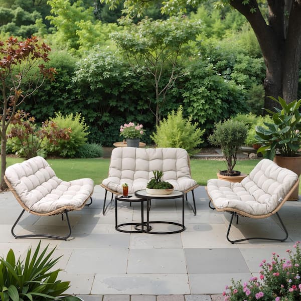 3-Piece Metal Frame Brown Faux Rattan Wicker Outdoor Loveseat with Beige Cushion