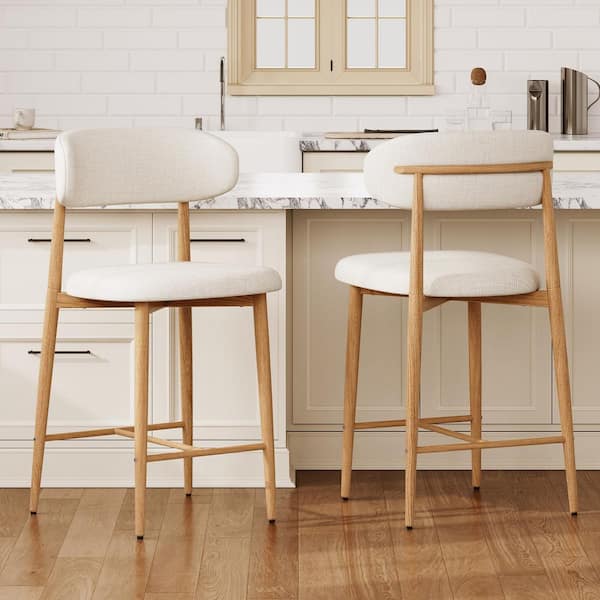 Dylan 39.76 in. H Beige Metal Legs Counter Bar Stool with Fabric Upholstered Seat, Set of 2