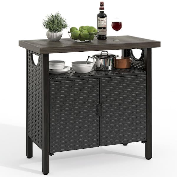 35 in. W x 19.7 in. D x 35.4 in. H Black Wicker Outdoor Storage Cabinet