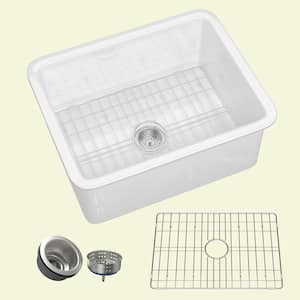 Ale 24 in. White Kitchen Sink Fireclay Drop-in / Undermount Dual Mount Small Farm Sink Single Bowl with Accessory Kit