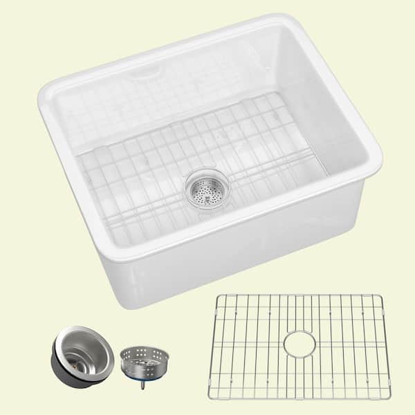 Zeafive Ale 24 in. White Kitchen Sink Fireclay Drop-in / Undermount Dual Mount Small Farm Sink Single Bowl with Accessory Kit