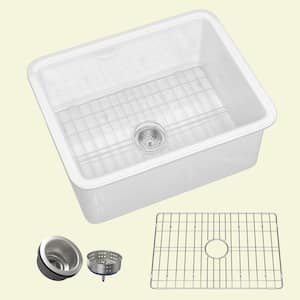 Ale 24 in. White Kitchen Sink Fireclay Drop-in / Undermount Dual Mount Small Farm Sink Single Bowl with Accessory Kit