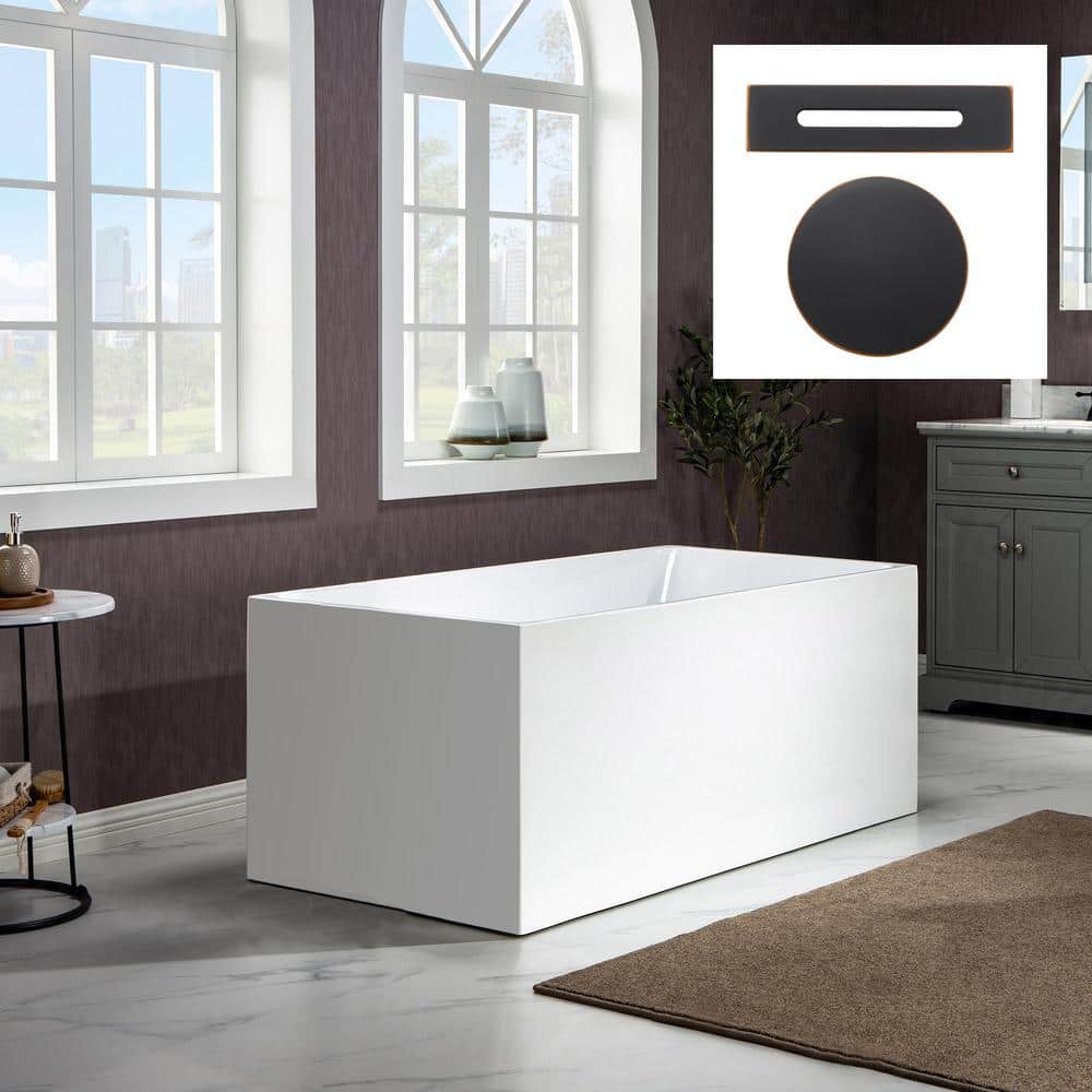 59'' White Acrylic Freestanding Rectangular Soaking Bathtub