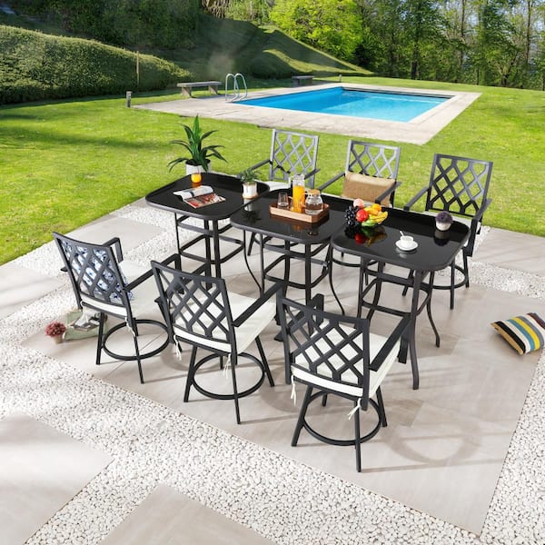 Patio Festival 9-Piece Metal Bar Height Outdoor Dining Set with Beige Cushions