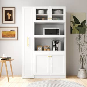 White Wood Pantry Organizer with Multi-functional Pull-Out Multi-Tier Storage Shelf, 4-Doors