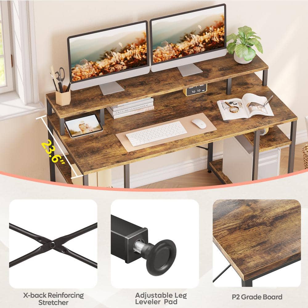 Rustic Brown Wood Gaming Desk with Monitor Shelf