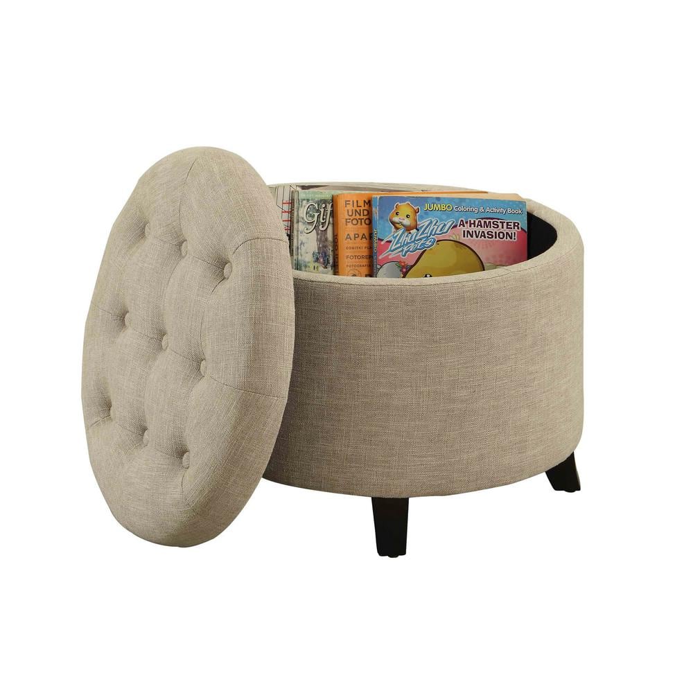 Tan Fabric Tufted Round Ottoman with Concealed Storage, 20"