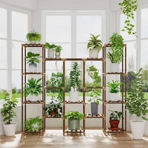 4 Tiers 14 Pots Large Wooden Plant Rack for Living Room Terrace, Balcony and Garden, Brown