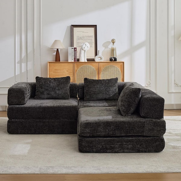 118.11 in. Chenille Compressed Boneless Modular Sectional Sofa in. Black, No Assembly Required