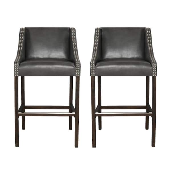 Benjara 40.9 in. H Wood and Leatherette Gray Bar stool with Swooping Track Arms and Nail Head Trim
