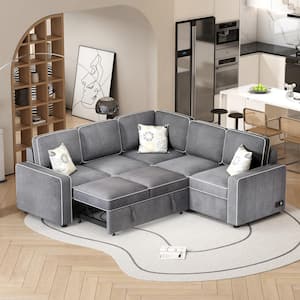 83 in. L Shaped Modern Linen Sectional Sofa Convertible Sleeper Sofa in Gray with USB Ports, Power Sockets and 3 Pillows