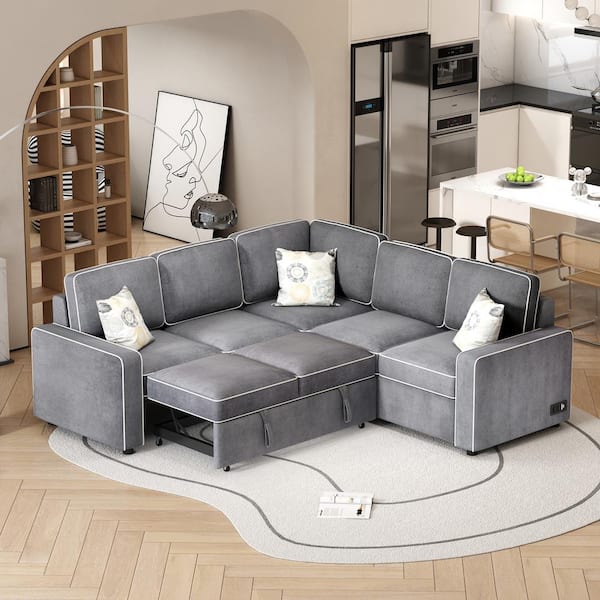 Harper & Bright Designs 83 in. L Shaped Modern Linen Sectional Sofa Convertible Sleeper Sofa in Gray with USB Ports, Power Sockets and 3 Pillows
