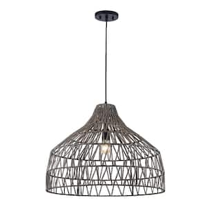 Tidal Twist 23.75 in. 1-Light Black Pendant Light Fixture with Grey Woven Basket Shade