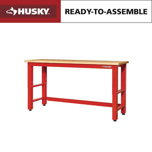 Ready to Assemble 72 in. W x 24 in. D Adjustable Height Red Workbench with Solid Wood Top