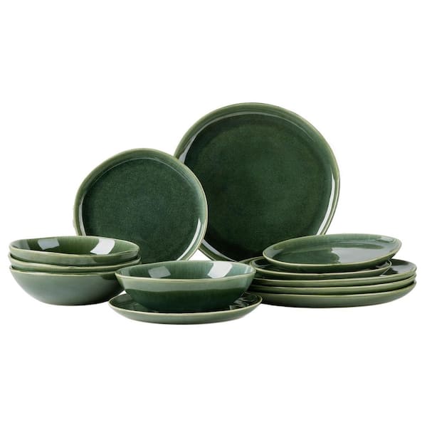 18-Piece Green Ceramic Dinnerware Sets, Handmade Reactive Glaze Stoneware Plates and Bowls Set, Service for 6