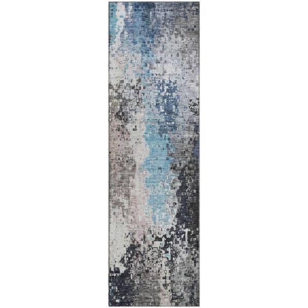 Mayfield Premium Machine Washable Abstract AMF2242 Denim 2 ft. x 7 ft. Runner Rug