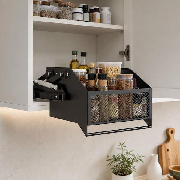 1-Shelf Black Drop Down Cabinet Mount Spice Organizer for Frameless High Kitchen Cabinets Pantry Snack Bottle Storage