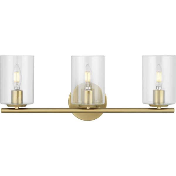 Hampton Bay Champlain 22.375 in. 3-Light Satin Brass Modern Bathroom Vanity Light with Clear Glass Shades