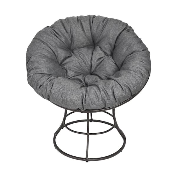 TWT Brown Wicker Metal Frame Papasan Chair Outdoor Recliner with Gray Cushion