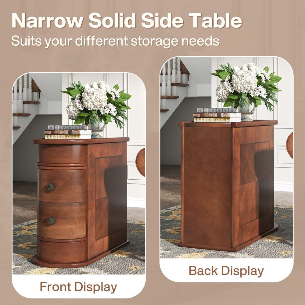 Vintage Brown Solid Wood 2-Drawer Narrow End Table Set