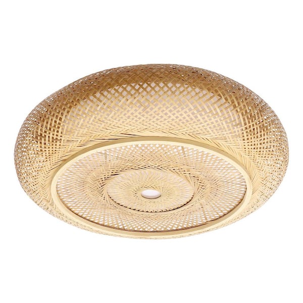OUKANING 23.6 in. 3-Light Yellow Rural Round Semi-Flush Mount Ceiling Light with Rattan Shade and No Bulbs Included