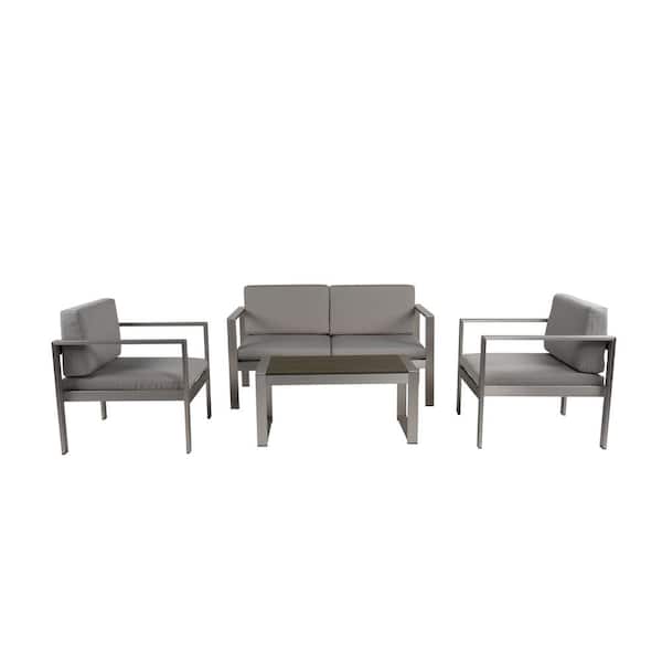 Xzkai 4-Piece Aluminum Patio Conversation Set with Cushion Guard Gray Cushion, Outdoor Rattan Modern Sofa Seating Group