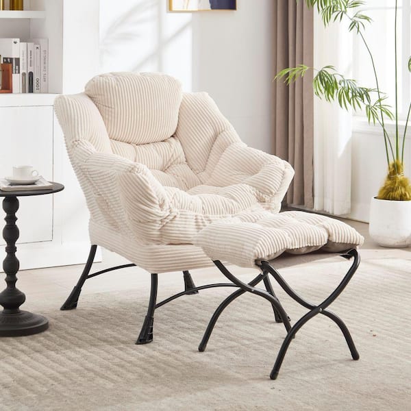 Modern Comfy Beige Corduroy Lazy Accent Arm Chair with Ottoman Ergonomic Folding Footrest for Small Spaces