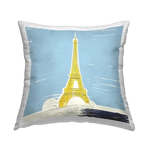 Yellow Eiffel Tower Blue Square Outdoor Throw Pillow