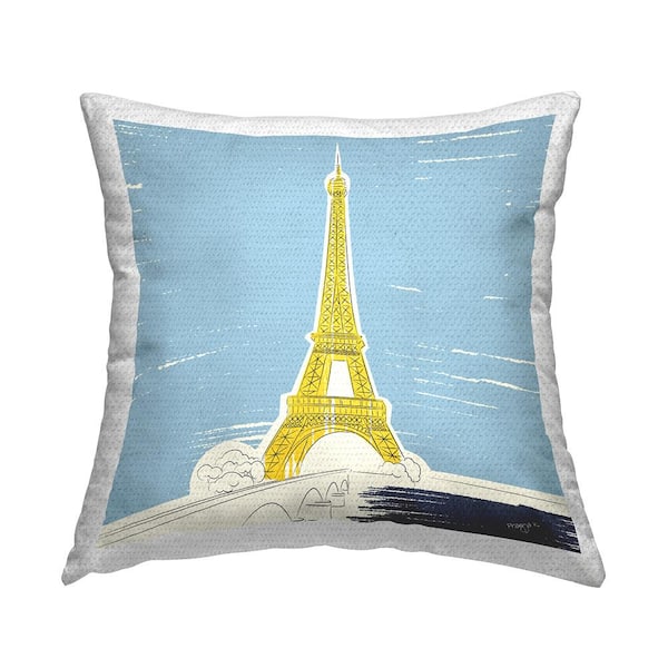 Stupell Industries Yellow Eiffel Tower Blue Square Outdoor Throw Pillow