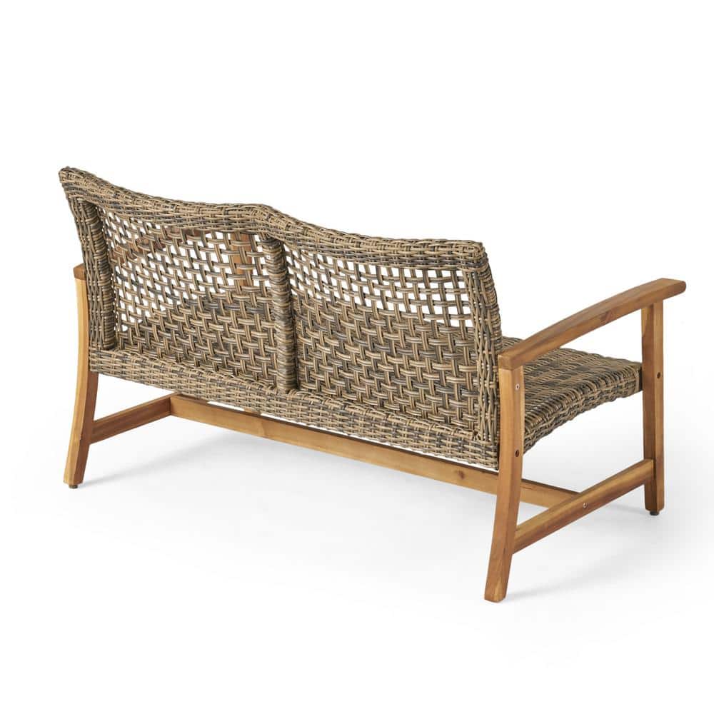 Natural Stained Wood and Wicker Outdoor Loveseat with Arms