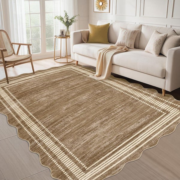 Brown 8 ft. x 10 ft. Scalloped Machine Washable Modern Border Low-Pile Non-Slip Area Rug