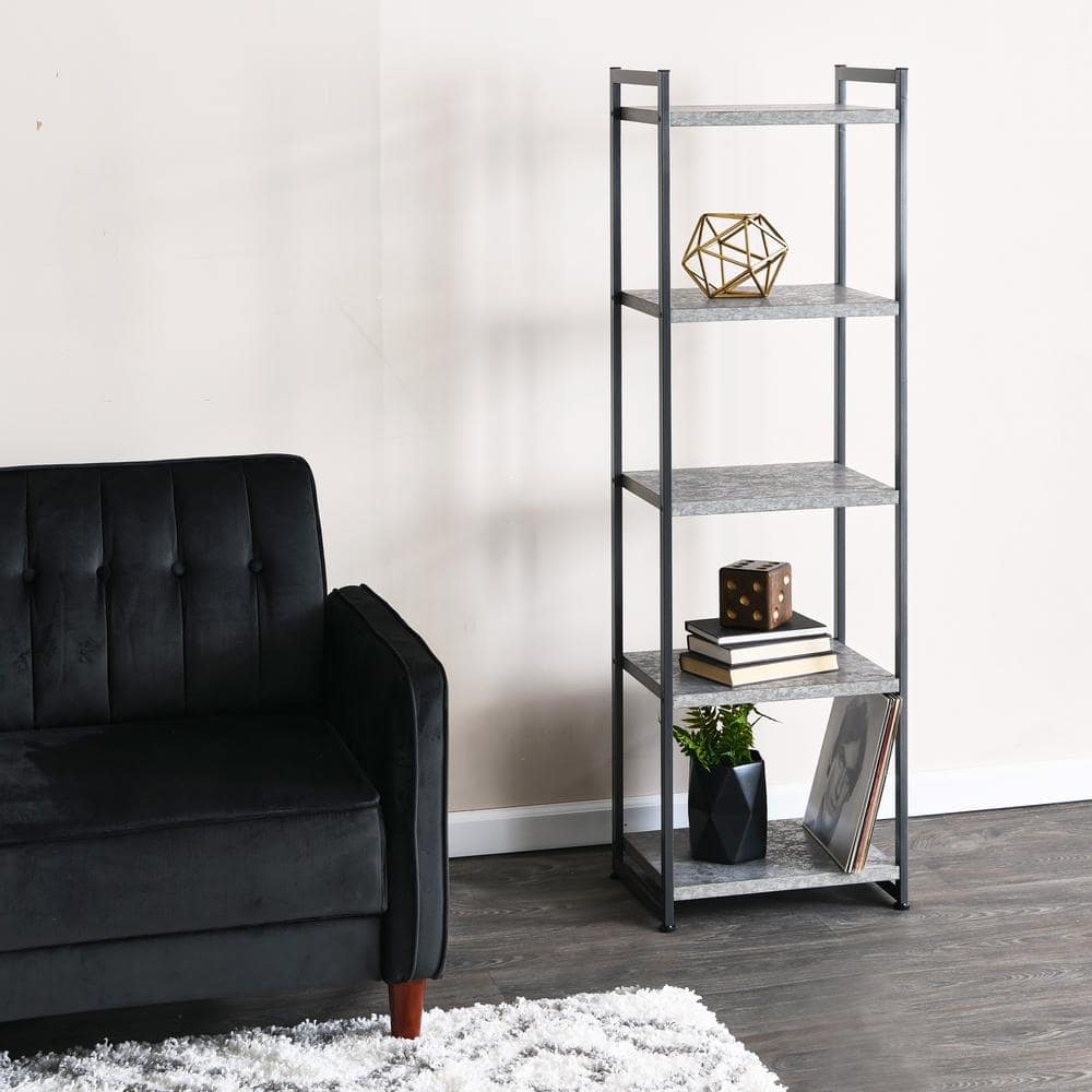 Gray Concrete and Black Metal 5-Shelf Narrow Bookshelf