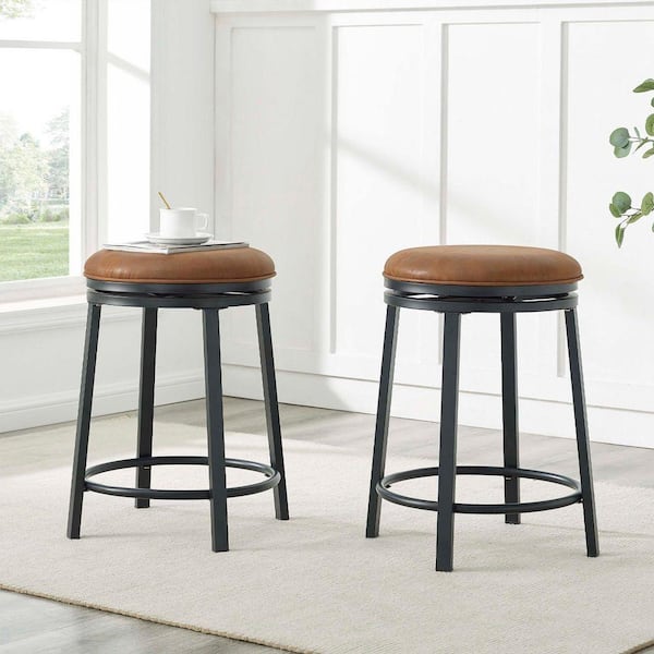 23.5 in. H Modern Brown PU Leather Black Metal Frame Bar Stools with 360° Swivel (Set of 2)
