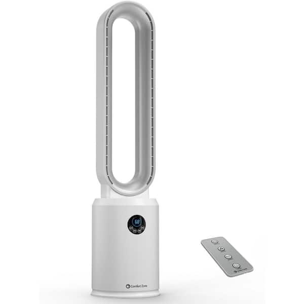 8.66 in. Diameter, 40 in. Tall 3 Speed Bladeless Tower Fan with Oscillation, Timer, & Remote Control in White and Silver