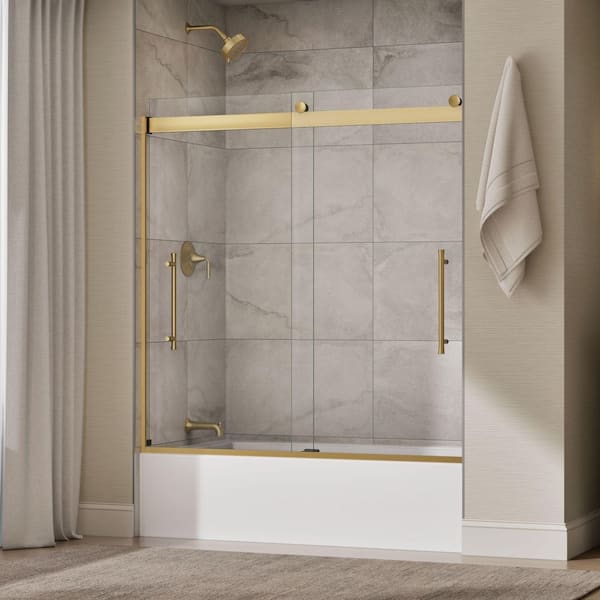 Elmbrook 55-60 in. W x 62 in. H Sliding Frameless Bathtub Door in Vibrant Brushed Brass with Clear Tempered Glass