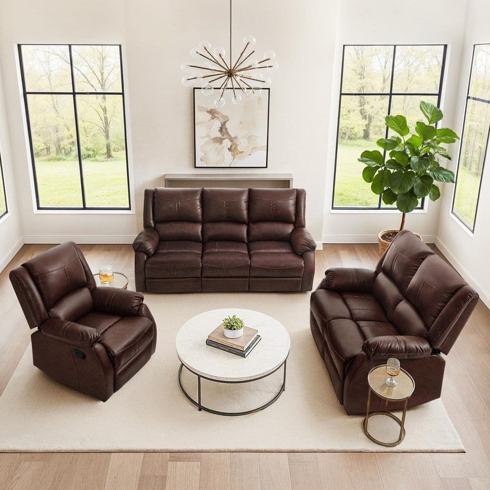 Jek 80.7 in. W 3-Piece Brown Leather Rolled Arm Rectangle Push Back Recliner Sofa, Loveseat and Chair for Living Room