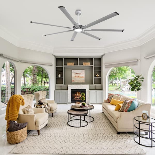 8.4 ft. Indoor/Outdoor Integrated LED Industrial Brushed Nickel Downrod Mount Ceiling Fan with Light and Remote Control