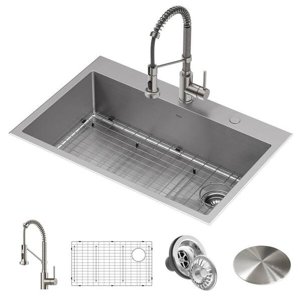 KRAUS Loften All-in-One Dual Mount Stainless Steel 33in. Single Bowl Kitchen Sink with Pull Down Faucet in Spot Free Stainless
