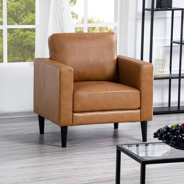 Tan Mid-Century Square Arm Leather Accent Chair-32.28 in. W x 31.1 in. D x 35.43 in. H