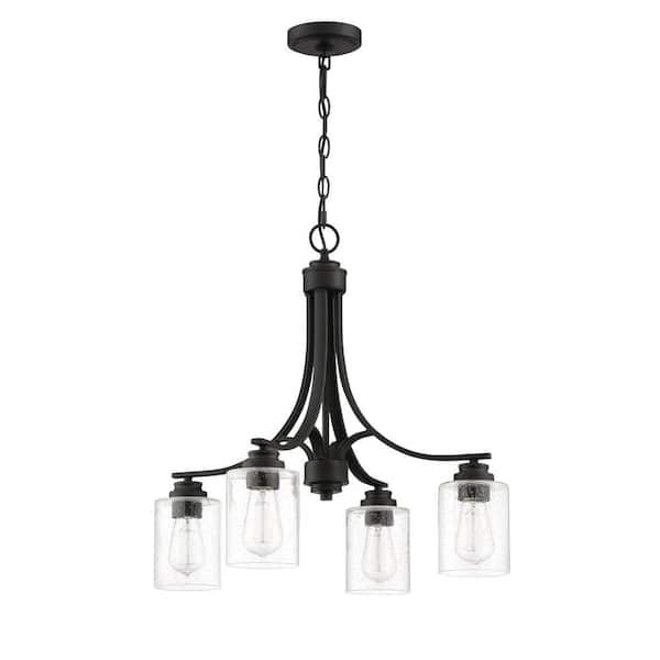 CRAFTMADE Bolden 4-Light Flat Black Finish with Seeded Glass Transitional Chandelier for Kitchen/Dining/Foyer, No Bulbs Included