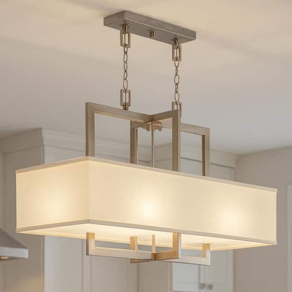 Hampton 4-Light Antique Nickel Shaded Mini Pendant With Off-White Linen Hardback Shade