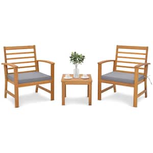 4-Piece Patio Wood Conversation Set with Soft Seat and Gray Cushions