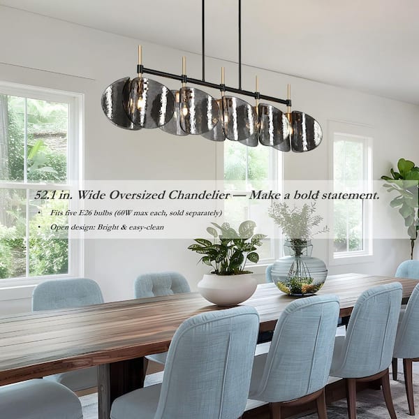 Rajinloosm 53 in. 5-Light Black and Gold Island Chandelier with Handmade Smoky Gray Curved Glass Discs, No Bulb Included
