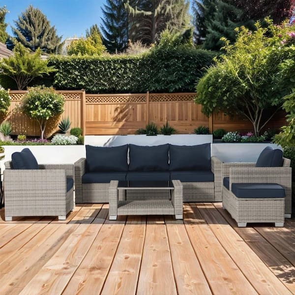 Cesicia 7-Piece Light Gray Rattan Wicker Outdoor Patio Conversation Sectional Sofa with Dark Blue Cushions