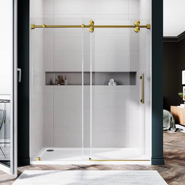 UNIKOO UKS04 56 to 60 in. W x 72 in. H Sliding Frameless Shower Door in Satin Brass, Enduro Shield 3/8 in. SGCC Clear Glass