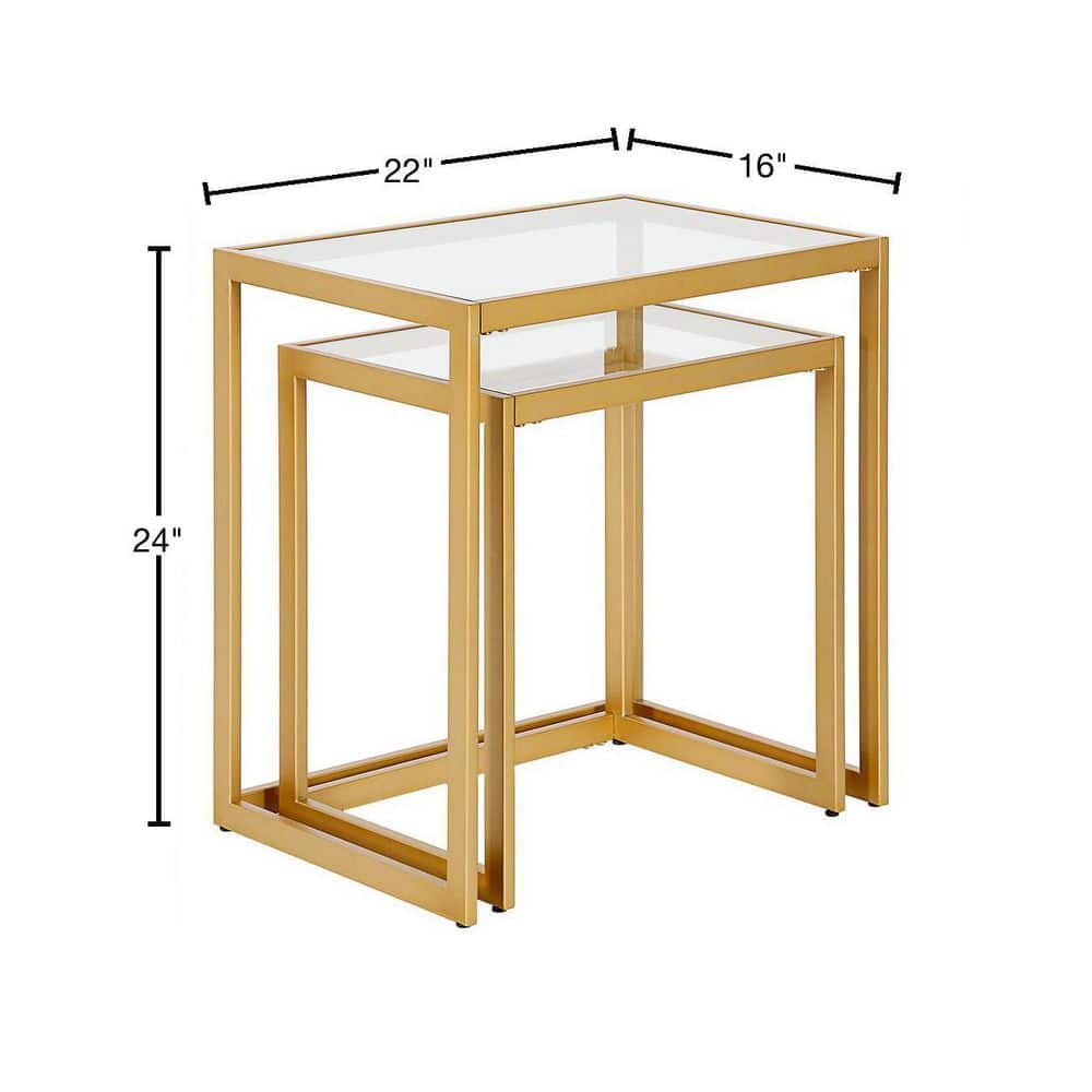 Gold Rectangular Metal and Glass Nested Accent Tables, Set of 2