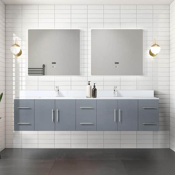 Lexora Geneva 84 in. W x 22 in. D Dark Grey Double Bath Vanity, White Quartz Top, and 36 in. LED Mirrors