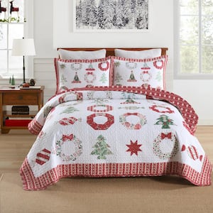 BY205 Christmas Red Santa Hat and Snowflake King Polyester Quilt Bedspread Set