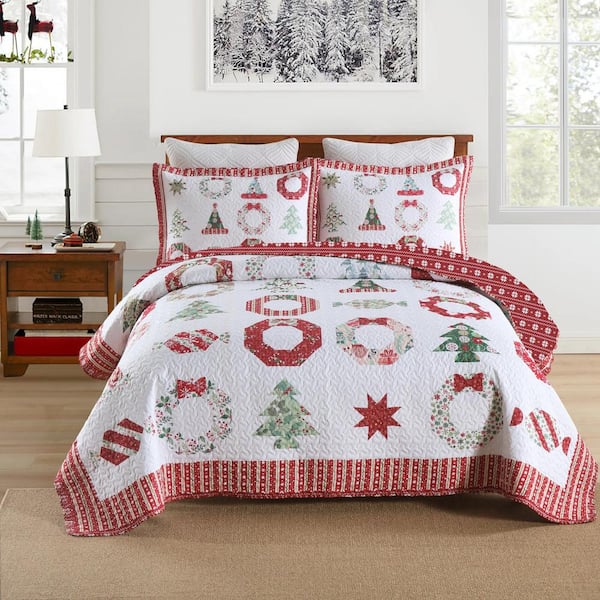 MarCielo BY205 Christmas Red Santa Hat and Snowflake Queen Polyester Quilt Bedspread Set